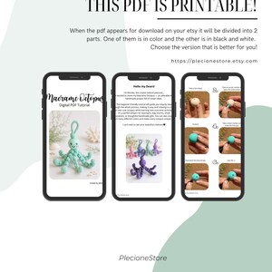 Puede incluir: Un tutorial en PDF digital para proyectos de macram&eacute; de pulpos se muestra en tres pantallas de tel&eacute;fonos inteligentes. El tutorial incluye instrucciones e im&aacute;genes paso a paso. El texto "THIS PDF IS PRINTABLE!" est&aacute; en la parte superior, con la URL de la tienda Etsy debajo.