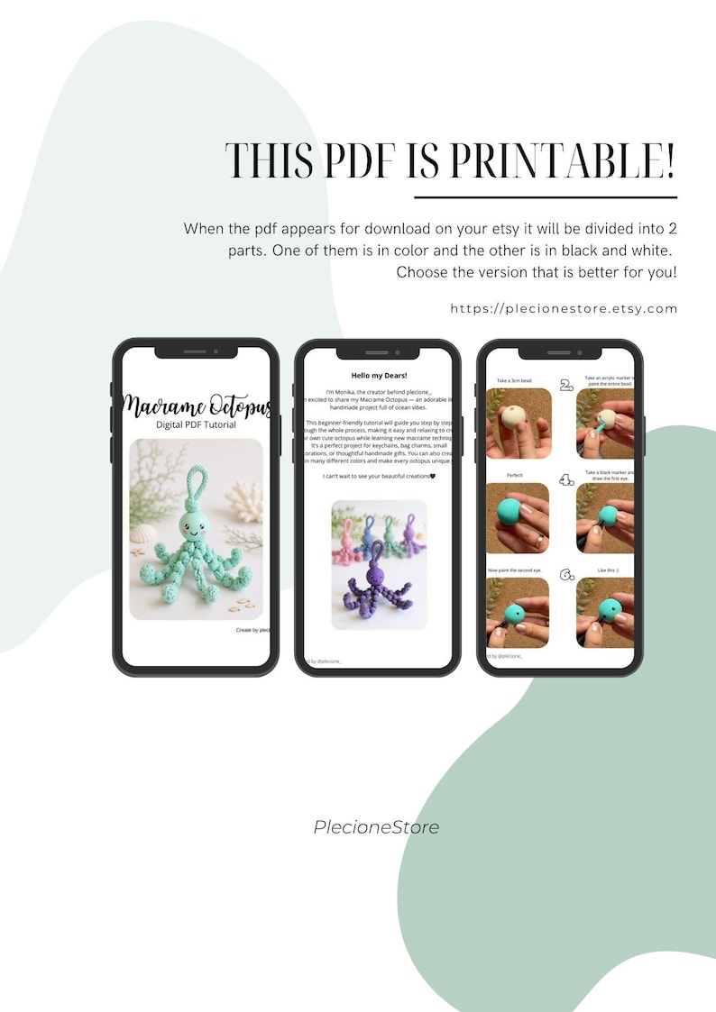 Puede incluir: Un tutorial en PDF digital para proyectos de macram&eacute; de pulpos se muestra en tres pantallas de tel&eacute;fonos inteligentes. El tutorial incluye instrucciones e im&aacute;genes paso a paso. El texto "THIS PDF IS PRINTABLE!" est&aacute; en la parte superior, con la URL de la tienda Etsy debajo.