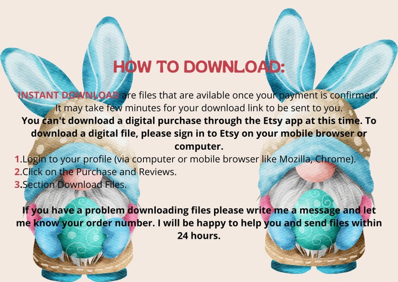 May include: A digital illustration of a gnome with blue bunny ears holding a blue and green Easter egg. The text "HOW TO DOWNLOAD" is in red letters. The text below explains how to download digital files purchased on Etsy.