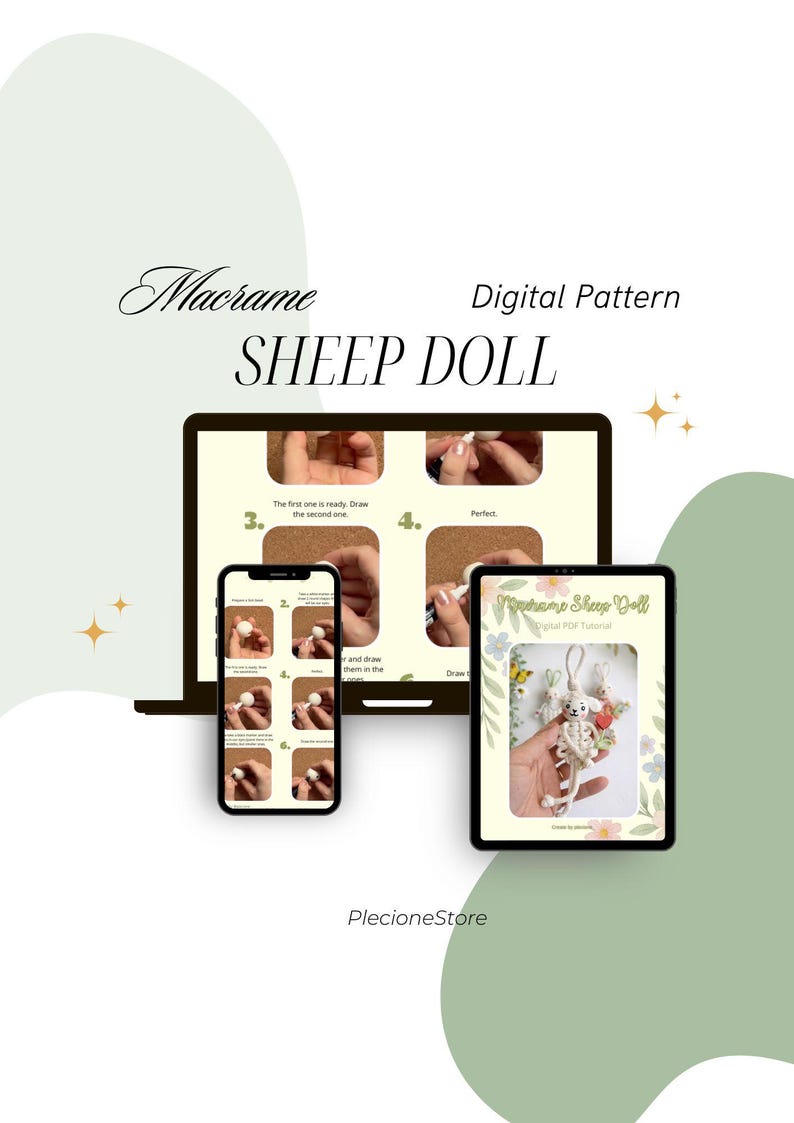 May include: Digital macrame pattern for a sheep doll, displayed on a laptop, smartphone, and tablet. The screens show step-by-step instructions. The tablet displays a finished sheep doll. The text reads "Macrame SHEEP DOLL Digital Pattern".