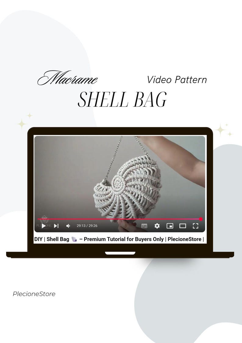May include: A laptop screen shows a video tutorial for a macrame shell bag. The bag is a light beige colour and has a spiral design. The video shows the bag being held. The text "Macrame Shell Bag" is at the top of the screen.
