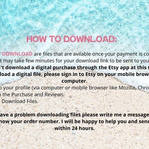 Puede incluir: Imagen con texto: "C&Oacute;MO DESCARGAR: DESCARGA INSTANT&Aacute;NEA son archivos que est&aacute;n disponibles una vez que se confirma su pago... No puede descargar una compra digital a trav&eacute;s de la aplicaci&oacute;n de Etsy en este momento..." Instrucciones para descargar archivos digitales.
