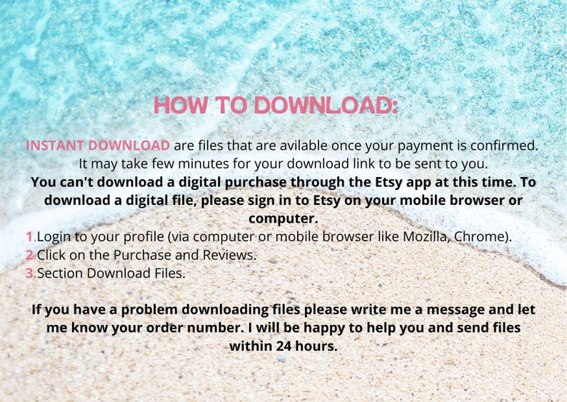 Puede incluir: Imagen con texto: "C&Oacute;MO DESCARGAR: DESCARGA INSTANT&Aacute;NEA son archivos que est&aacute;n disponibles una vez que se confirma su pago... No puede descargar una compra digital a trav&eacute;s de la aplicaci&oacute;n de Etsy en este momento..." Instrucciones para descargar archivos digitales.