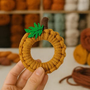 May include: A handmade, circular pumpkin decoration in a warm mustard yellow color. The pumpkin has a brown stem and a green leaf accent. The background features spools of yarn in various fall colors.