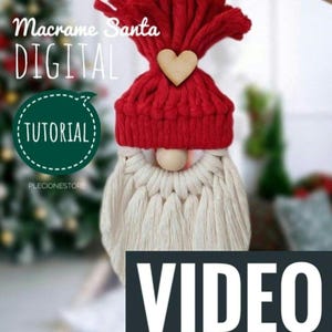 May include: A digital tutorial for making a macrame Santa ornament. The ornament is red and white with a wooden heart on the hat. The tutorial is called "Macrame Santa DIGITAL TUTORIAL".