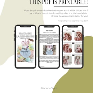 May include: Printable digital PDF tutorial for making a macrame Easter gnome. The tutorial includes a photo of the finished gnome and step-by-step instructions with images. The text on the page says "Macrame Easter Gnome Digital PDF Tutorial".