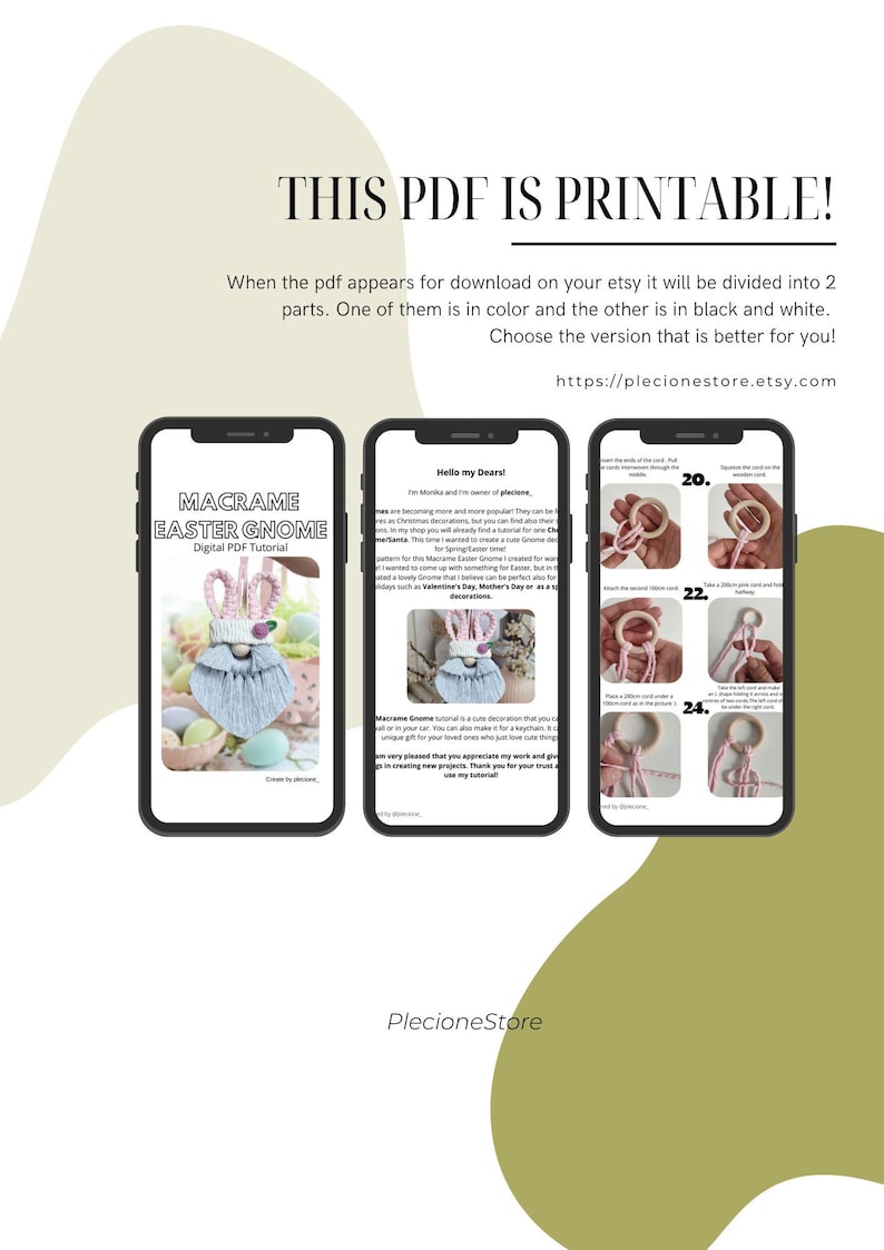 May include: Printable digital PDF tutorial for making a macrame Easter gnome. The tutorial includes a photo of the finished gnome and step-by-step instructions with images. The text on the page says "Macrame Easter Gnome Digital PDF Tutorial".