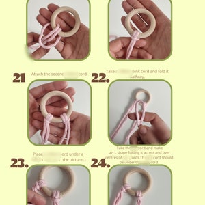 May include: Step-by-step instructions for making a macrame wall hanging with pink cord and wooden rings. The instructions include images of each step and text describing the process.