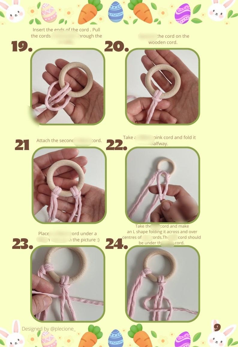 May include: Step-by-step instructions for making a macrame wall hanging with pink cord and wooden rings. The instructions include images of each step and text describing the process.