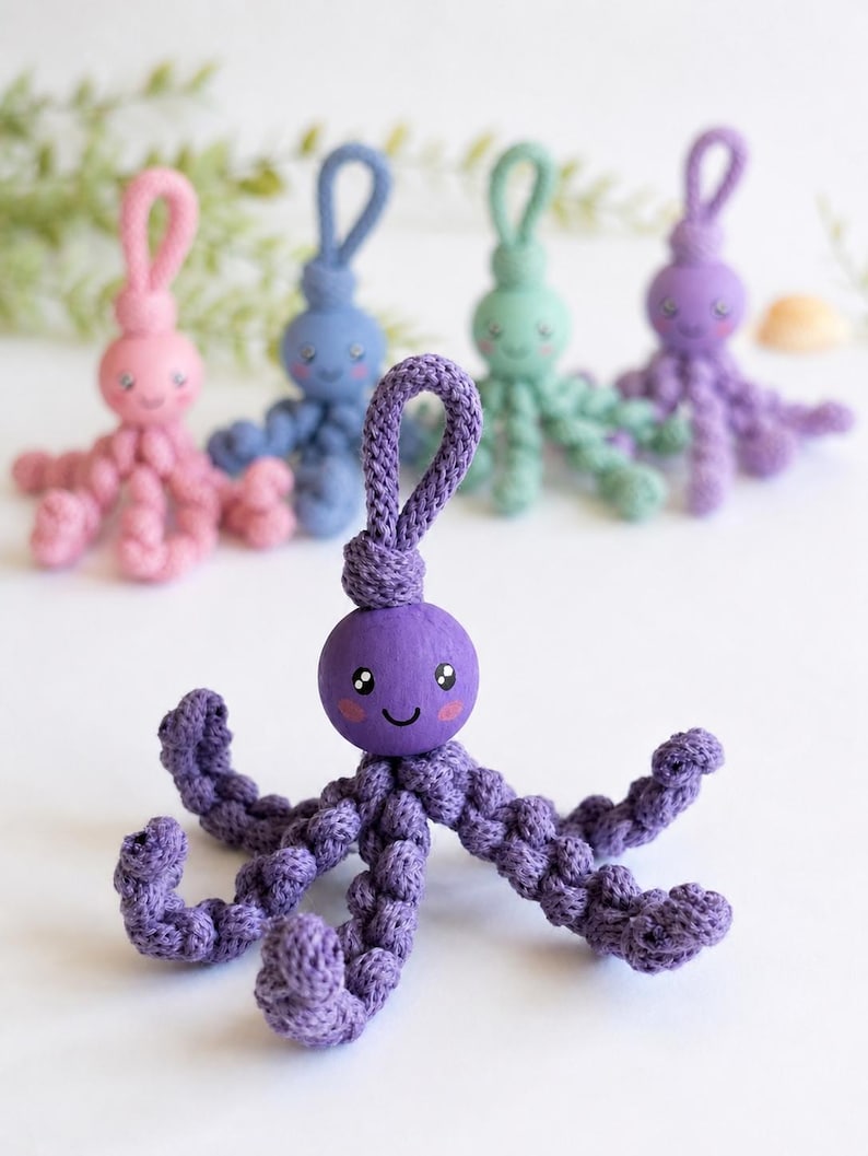 Puede incluir: Una colecci&oacute;n de llaveros de pulpo hechos a mano en varios colores pastel. Cada llavero presenta una cabeza de madera con una cara sonriente pintada y tent&aacute;culos tejidos. Los llaveros son de color rosa, azul, verde y morado.