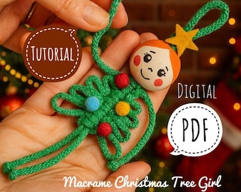 Molde de macramê para árvore de Natal com menina | Tutorial de enfeite festivo faça você mesmo (PDF)