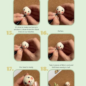 May include: A craft tutorial showing how to make a bunny bead. The instructions include drawing lines, adding whiskers, and folding cord. The text includes the phrase "Our bead is ready." and measurements in centimetres.