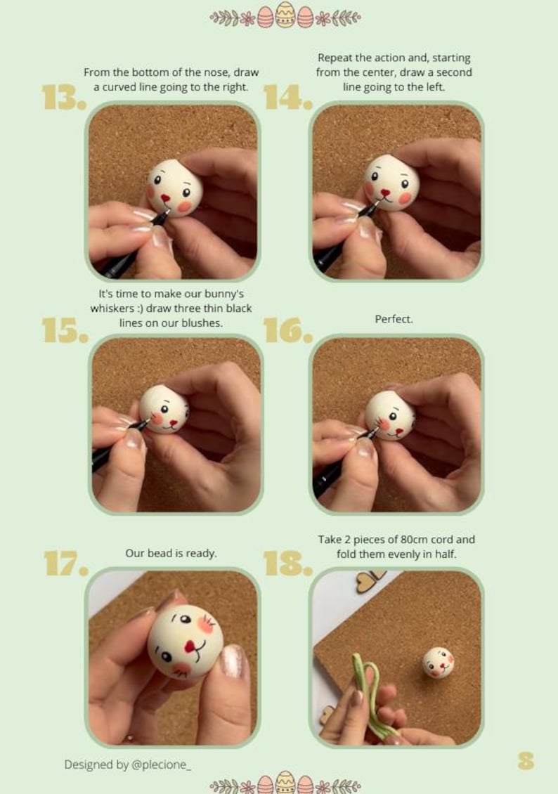 May include: A craft tutorial showing how to make a bunny bead. The instructions include drawing lines, adding whiskers, and folding cord. The text includes the phrase "Our bead is ready." and measurements in centimetres.