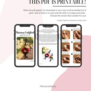 Puede incluir: Tres smartphones muestran un tutorial en PDF digital para una mariquita de macram&eacute;. El texto "THIS PDF IS PRINTABLE!" est&aacute; en la parte superior. El tutorial incluye instrucciones paso a paso e im&aacute;genes del producto final.
