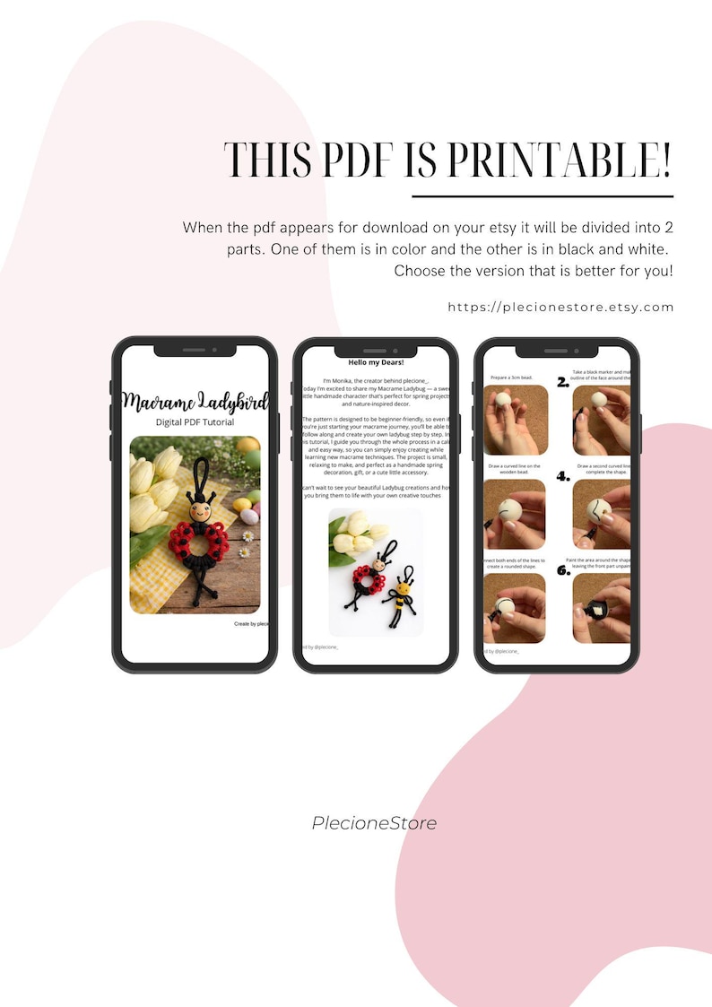 Puede incluir: Tres smartphones muestran un tutorial en PDF digital para una mariquita de macram&eacute;. El texto "THIS PDF IS PRINTABLE!" est&aacute; en la parte superior. El tutorial incluye instrucciones paso a paso e im&aacute;genes del producto final.