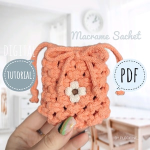 Tutorial em PDF de sachê pequeno de margarida em macramê, estojo fofo exclusivo de verão em macramê faça você mesmo, macramê para iniciantes, padrão digital PlecioneStore