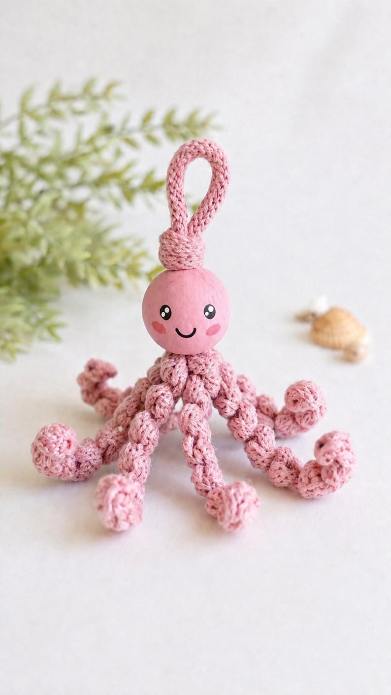 Puede incluir: Un juguete de pulpo rosa tejido a ganchillo con una cara sonriente y ocho tent&aacute;culos. El pulpo tiene un lazo en la parte superior para colgar. El fondo es blanco con un toque de vegetaci&oacute;n.