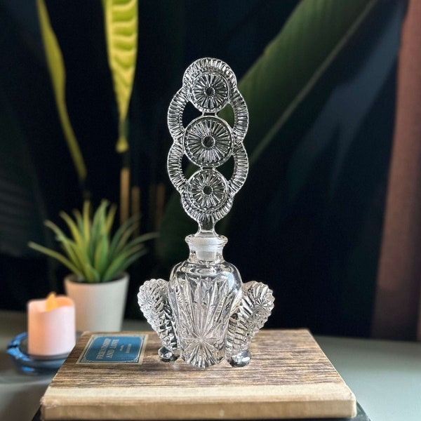 Vintage Clear Glass Perfume Bottle | Collectible Tall Art Deco Czech Boho with Flanked Haunches, Feather Fan Finial | Bed Bath Gift