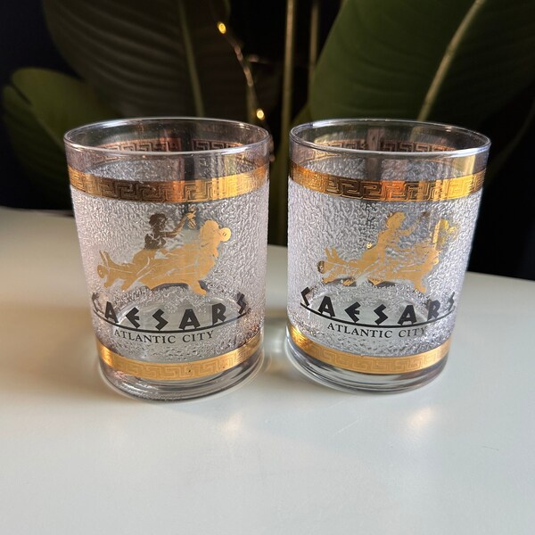 2 Vintage Caesar’s Palace Cocktail Whiskey Rocks Glasses with Black & Gold | Atlantic City Bar Cart Casino Souvenir Collectible Barware Gift