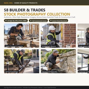 Może przedstawiać: Cyfrowy katalog zatytułowany 58 Builder & Trades Stock Photography Collection zawierający sześć różnych zdjęć profesjonalistów budowlanych wykonujących zadania takie jak ciesielstwo, murarstwo, stolarstwo, instalacje elektryczne i konsultacje.