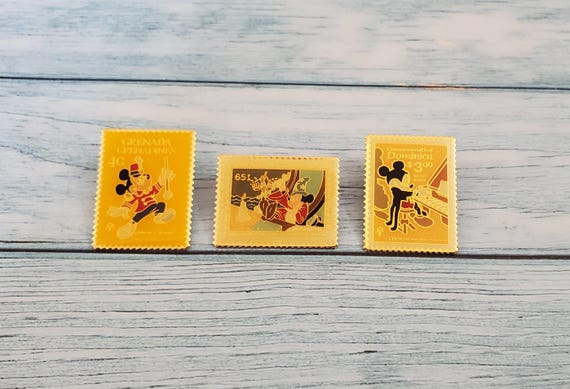 Set of 3 Disney Postage Stamp Pins: Mongolia, Dominica, Grenada 1980's Vintage
