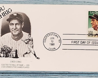 Sello conmemorativo del primer día de emisión de Lou Gehrig, 1989, Salón de la Fama del Béisbol de Cooperstown, Nueva York, Edición Limitada