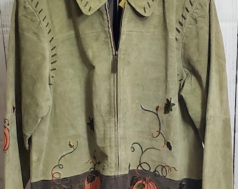 Chaqueta de ante Quacker Factory para mujer, talla XL, estampado de calabazas, hojas y bellotas, nueva con etiquetas, estilo vintage de los 90.