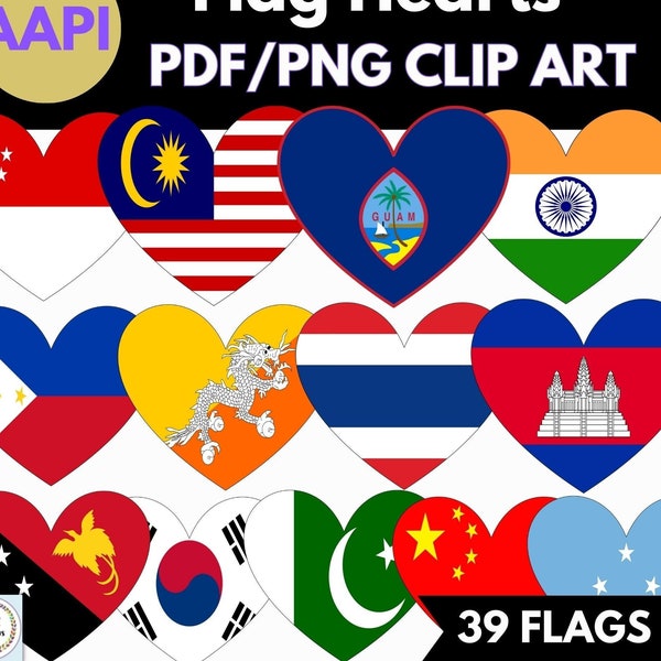 AAPI, Asian American & Pacific Islander Heritage Month Flag Hearts Printables- Set of 39 (PDF and PNG Digital Clip Art) Digital Download