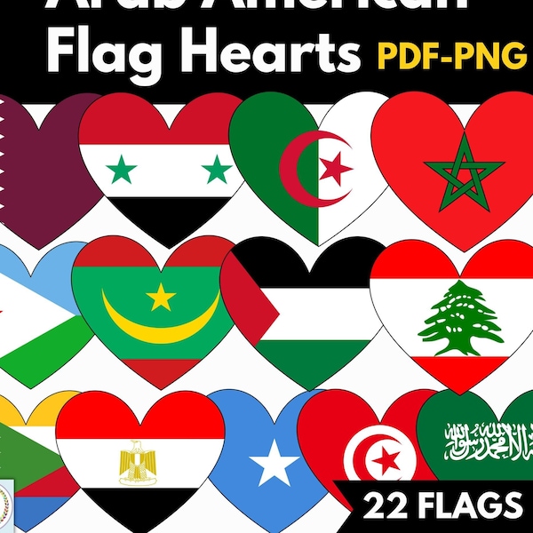 Arab American Heritage Month Flag Hearts Printables- Set of 22, Bulletin Board, (PDF and PNG Digital Clip Art) Digital Download