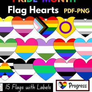 May include: A set of 15 printable heart-shaped pride flags with labels. The flags include the rainbow, transgender, bisexual, lesbian, pansexual, genderqueer, asexual, intersex, non-binary, and more. The text "15 Flags with Labels" and "Progress" are also included in the image.