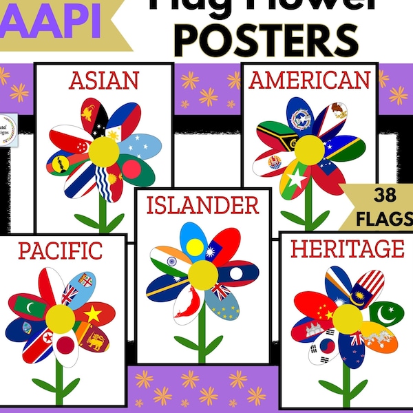 Printable AAPI Heritage Month Posters, Asian American & Pacific Islander Heritage Month, Flag Flowers, Bulletin Board, Classroom Decor PDF