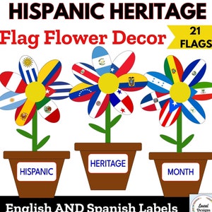 Hispanic Heritage Month Flag Flowers, Mes de la Herencia Hispana, Door Decor, Bulletin Board, Craft Project, Spanish Flags PDF Download