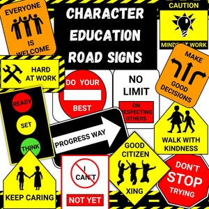 Carteles imprimibles de educación de personajes, señales de tráfico, mentalidad de crecimiento, aprendizaje socioemocional, tablón de anuncios, consejero vocacional DESCARGAR