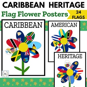 Printable Caribbean American Heritage Month Flag Flower Posters, Caribbean Countries, Caribbean Pride, June Bulletin Board, Digital Download