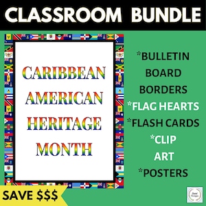 Pacchetto stampabile per il mese del patrimonio caraibico americano, decorazioni per bacheche, tema bandiera, clipart, poster, schede didattiche DOWNLOAD DIGITALE