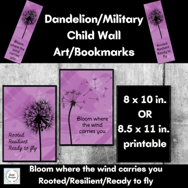 Dandelion/Military Child Wall Art, Poster Set With Bookmarks- Purple Up - Month of the Military Child- Inspirational PDF Printable