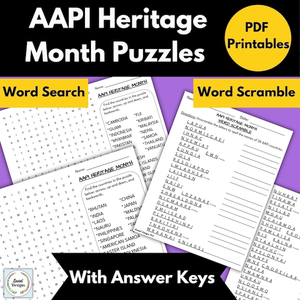 Printable AAPI Heritage Month Worksheets. Puzzles, Word Search, Word Scramble, Asian American & Pacific Islander Month PDF DOWNLOAD