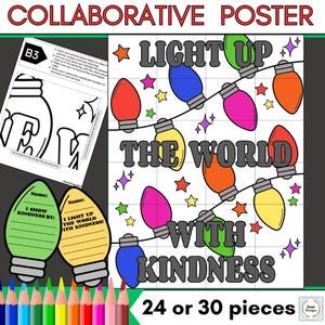 Puede incluir: Un póster colaborativo con el texto "LIGHT UP THE WORLD WITH KINDNESS". El diseño presenta bombillas de colores y estrellas. Incluye una impresión en blanco y negro con instrucciones y dos etiquetas con forma de bombilla.