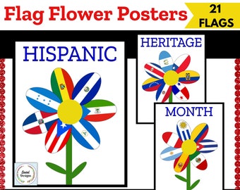 Pósters de la bandera del Mes de la Herencia Hispana, pósteres del Mes de la Herencia Hispana, imprimibles, decoración de puertas, tablones de anuncios, arte floral (PDF)