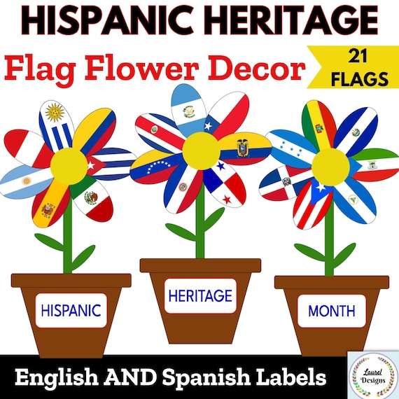 Hispanic Heritage Month Flag Flowers, Mes de la Herencia Hispana, Door Decor, Bulletin Board, Craft Project, Spanish Flags PDF Download