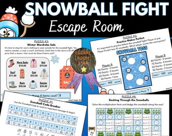 May include: A digital escape room game titled "Snowball Fight" with math and logic puzzles. The image features various puzzles, including a code breaker, multiplication problems, and a winter wardrobe sale. The game is available as a PDF/digital download.