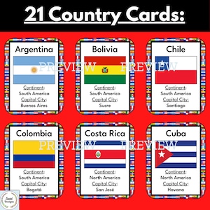 May include: A set of 21 colorful country cards featuring the flags and names of various countries, including Argentina, Bolivia, Chile, Colombia, Costa Rica, and Cuba. Each card also includes the continent and capital city of the country.