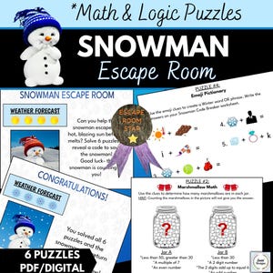 Puede incluir: Un PDF digital con temática de muñeco de nieve, con acertijos matemáticos y lógicos. La imagen incluye un muñeco de nieve, instrucciones de rompecabezas y el texto "Snowman Escape Room". Los rompecabezas son de temática invernal.