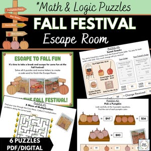 May include: A digital PDF with autumn-themed maths and logic puzzles for an escape room game. The image features pumpkins, a corn maze, and text that reads "Fall Festival Escape Room." The puzzles include multiplication and sweet snack calculations.