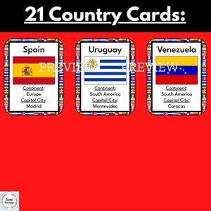 May include: Three country cards with flags and information about each country. The cards are red, white, and blue. The first card is for Spain, the second card is for Uruguay, and the third card is for Venezuela. Each card has the country's flag, continent, and capital city.