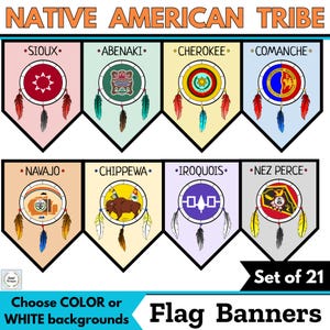 May include: Set of 21 Native American tribe flag banners. Each banner features a different tribe name, such as Sioux, Abenaki, and Cherokee, with a circular emblem and feathers. The text "Choose COLOR or WHITE backgrounds" is also included.