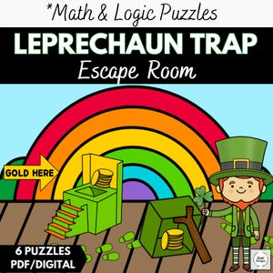 Puede incluir: Ilustración colorida para una Escape Room de Trampa de Leprechaun. La imagen presenta un arcoíris, un duende verde y una trampa verde con monedas de oro. El texto incluye "Math & Logic Puzzles", "Leprechaun Trap Escape Room" y "6 Puzzles PDF/DIGITAL".
