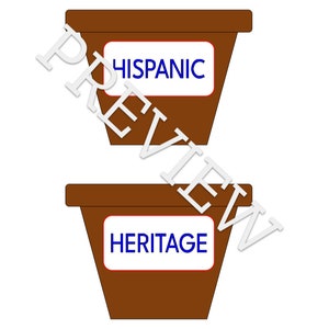 May include: Two brown, trapezoid-shaped, paper party favor containers with white labels. The top container has the word "HISPANIC" in blue letters. The bottom container has the word "HERITAGE" in blue letters. The containers are 5 inches wide.