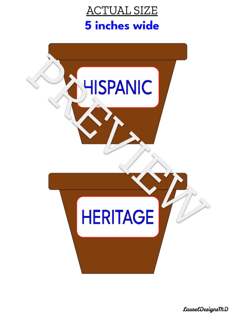 May include: Two brown, trapezoid-shaped, paper party favor containers with white labels. The top container has the word "HISPANIC" in blue letters. The bottom container has the word "HERITAGE" in blue letters. The containers are 5 inches wide.