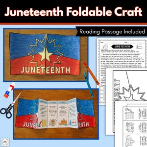 May include: Juneteenth foldable craft with a red, white, and blue design. The craft includes a reading passage and is designed to teach about the history of Juneteenth. Includes crayons, scissors, and glue.